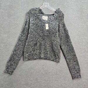 Aero Women Sweater Large Black Large Crop Hooded Knit‎ Long Sleeve V Neck NWT